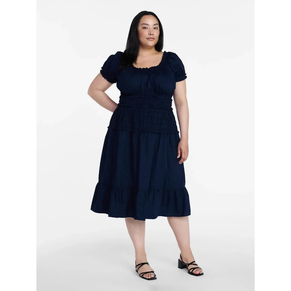 Time & Tru Women's Short Sleeve Peasant Cotton Panel Maxi Dress L Blue NWT - Picture 5 of 6